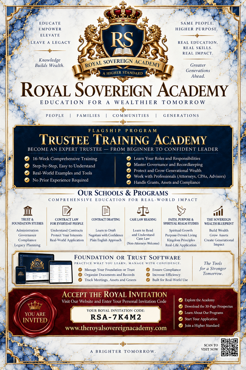 Royal Sovereign Academy invitation preview: Trustee Training Academy and schools in trust, law, faith, and stewardship.